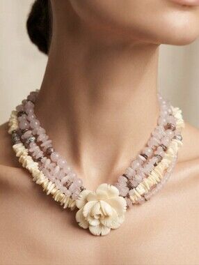Vintage 1970's Rose Quartz Carved Shell Flower Pendant Necklace